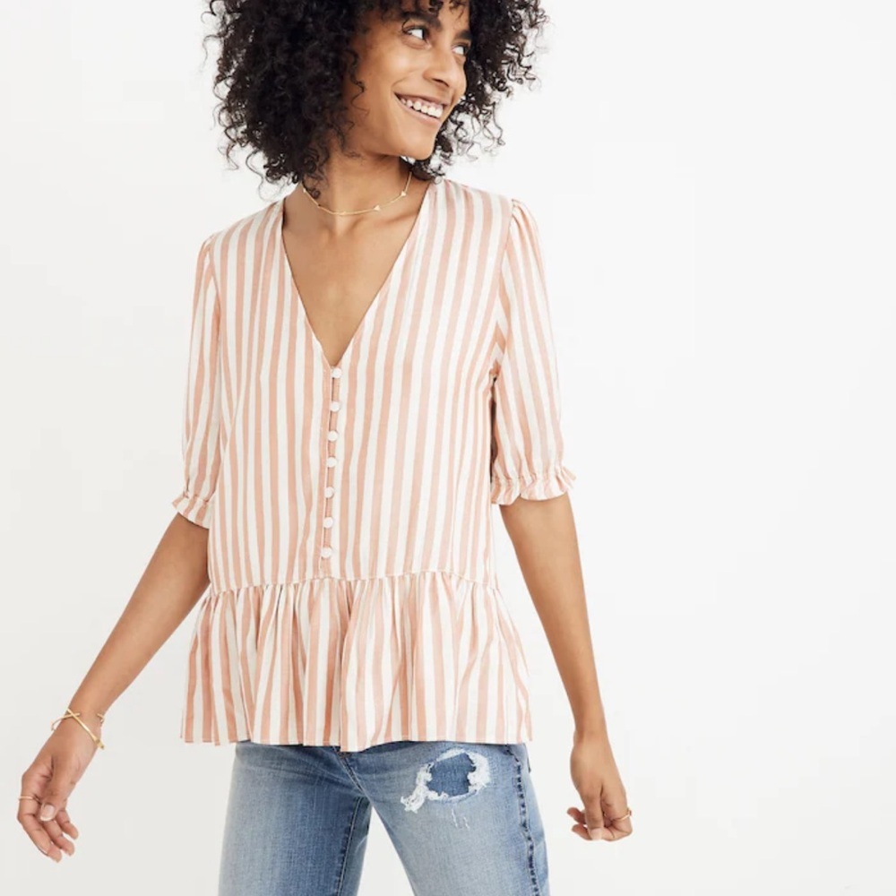 Madewell Peplum Button Down Top Women Small Pink Striped
